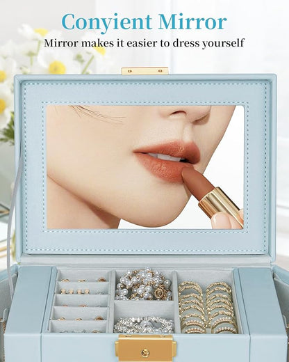 TORIBIO Jewelry Box for Women, Leather Jewelry Organizer with Mirror & Lock, 5-Tier Jewelry Storage Organizer with 4 Drawers for Girls/Women/Mothers, Necklace Earring Bracelets Holder Organizer
