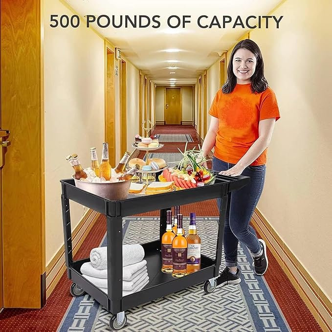 Service Cart 2-Shelf, Storage Handle, 500 LBS Capacity, for Warehouse/Garage/Cleaning/Manufacturing，45 in X25 in