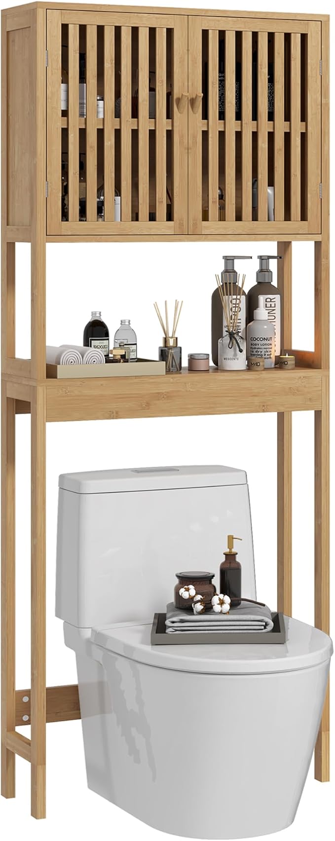 HOMCOM Bamboo Over The Toilet Storage Cabinet, Over Toilet Bathroom Organizer with Slatted Doors, Adjustable Shelf and Open Shelf, Natural