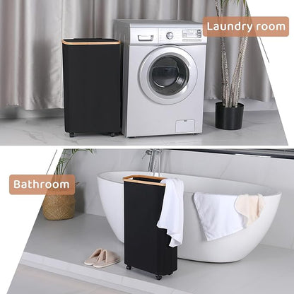 Slim Laundry Basket with Wheels,Narrow Hampers for Laundry,Freestanding Laundry Hamper with Lid&Bamboo Handles,Collapsible & Waterproof Tall Cloth Hamper for Dorm Family(60L Black)