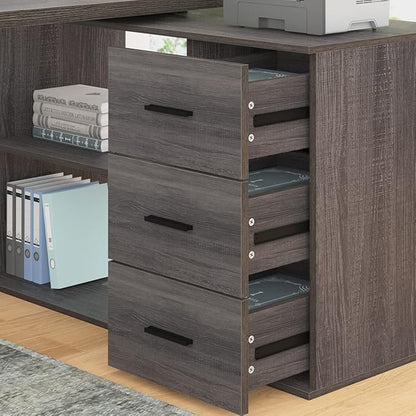HSH L Shaped Computer Desk with Drawers, 360 Rotating L Shape Desk with Storage Cabinet Shelves, Industrial Home Office Desk for Executive Writing Study Work, Dark Wood Table Swivel Desk, Gray 55 Inch