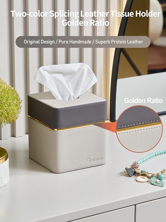 Cloudever Tissue Box Holder Cover Square, Modern PU Leather Decorative Tissue Cube Holder Organizer - Moon Grey