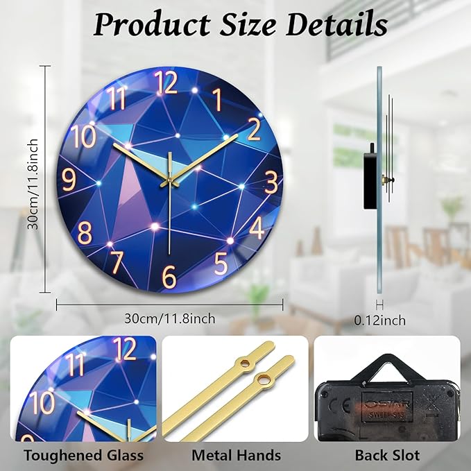 peacoblue Wall Clocks Battery Operated 12 Inch Light Geometric Pattern Glass Round Wall Clock Non Ticking for Kitchen Living Room Dining Room Bedroom and Bathroom Decor (Battery not Included)