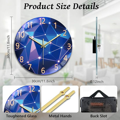 peacoblue Wall Clocks Battery Operated 12 Inch Light Geometric Pattern Glass Round Wall Clock Non Ticking for Kitchen Living Room Dining Room Bedroom and Bathroom Decor (Battery not Included)