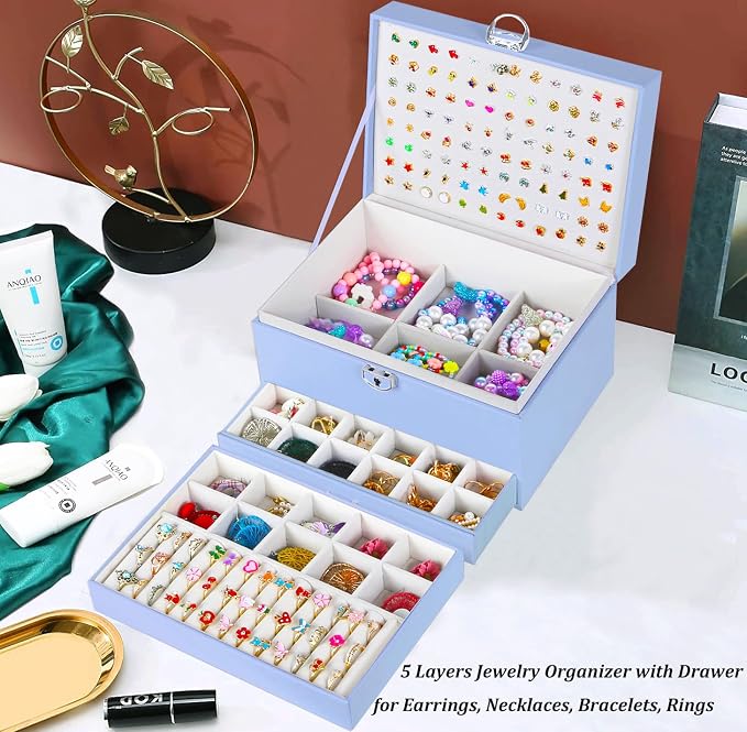 QBestry Earrings Jewelry Box for Girls, 5 Layers Jewelry Organizer with Earring Holder Organizer for Girls Earring Organizer Jewelry Boxes for Women Earrings and Necklaces Jewelry Box Organizer Blue