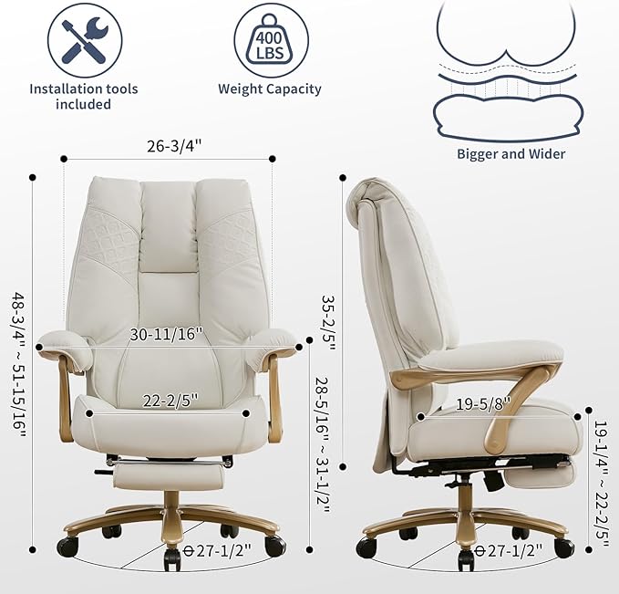 Big and Tall Executive Office Chair with Footrest, 400LBS Capacity Ergonomic High-Back Desk Office Chair with Lumbar Support, Padded Armrests & Thick Cushion, White PU Leather Chairs