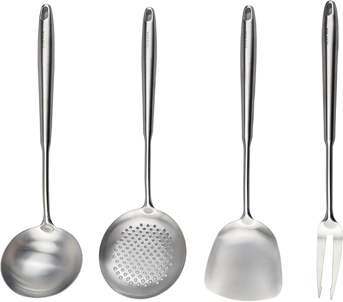 Wok Utensils Tools for Carbon Steel, Stainless Steel Wok Spatula Set,Wok Spatula and Skimmer, Soup Ladle,Meat Fork,4-PiecesCooking Tools & Serving Utensil 15inch