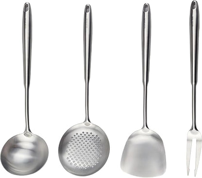 Wok Utensils Tools for Carbon Steel, Stainless Steel Wok Spatula Set,Wok Spatula and Skimmer, Soup Ladle,Meat Fork,4-PiecesCooking Tools & Serving Utensil 15inch