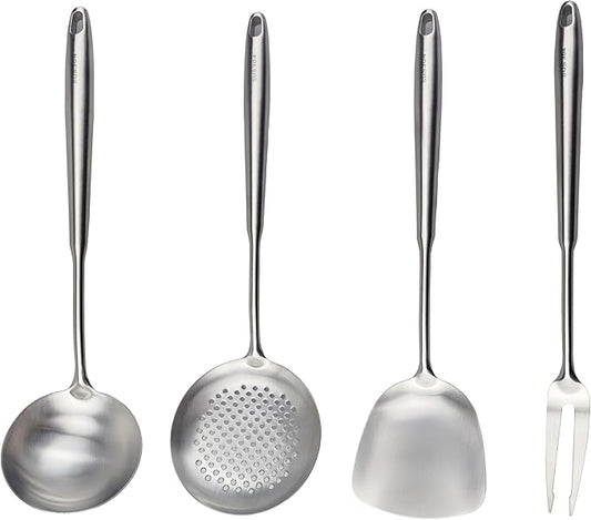 Wok Utensils Tools for Carbon Steel, Stainless Steel Wok Spatula Set,Wok Spatula and Skimmer, Soup Ladle,Meat Fork,4-PiecesCooking Tools & Serving Utensil 15inch