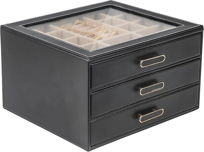 3 Layer Jewelry Organizer Box with Glass Lids & 3 Drawers - Elegant Storage Solution for Necklace, Rings，Earrings, and Bracelets - Perfect for Women ASK-301 (Black)