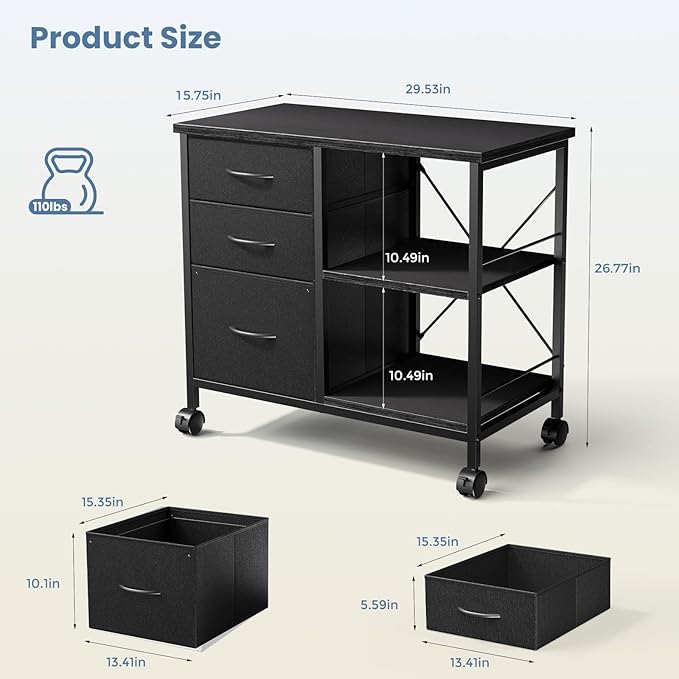 DUMOS 3-Tier Mobile File Cabinet, Printer Stand with Storage, Office Table with Drawers and Back Support Bar, Holds 110lb for Home Office, Rustic Black