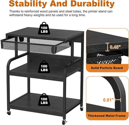 EasyCom 23.6''x18.9'' Extra Large Printer Stand with Drawer, 5-Adjustable Heights 3 Tier Table with Wheels, Rolling Printer Cart with Storage for Printer Scanner Fax Home Office Use
