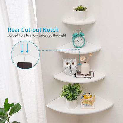 Conamily Corner Shelf, White Solid Oak Wood Floating Corner Shelf Wall Mount Round End Floating Speaker Shelf Display Shelf for Small Plant Photo Frame (White, 16in)