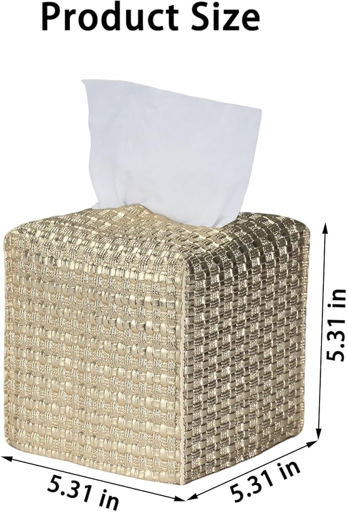 Tissue Box Cover 2-Pack, Square Tissue Holder with Bottom Belt, Modern Tissue Case Facial Paper Organizer Dispenser for Bathroom, Office, Home, Table, Car, Woven Pattern Golden