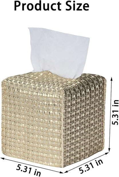 Tissue Box Cover 2-Pack, Square Tissue Holder with Bottom Belt, Modern Tissue Case Facial Paper Organizer Dispenser for Bathroom, Office, Home, Table, Car, Woven Pattern Golden
