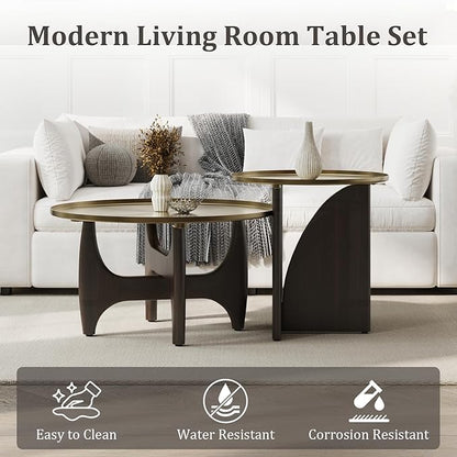 ACEDÉCOR Coffee Table and End Table Sets, Round Center Table Set with 2 Side Tables, Solid Wood Coffee Table Set, 3 Piece Living Room Table Set for Apartment Home