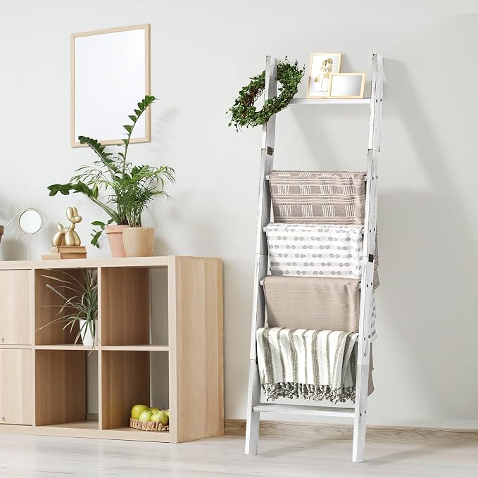 Honest Blanket Ladders for The Living Room, 6-Tier Blanket Holder, Wall-Leaning Blanket Rack, Ladder Shelves, Wooden Quilt Ladder, Farmhouse Decor, White