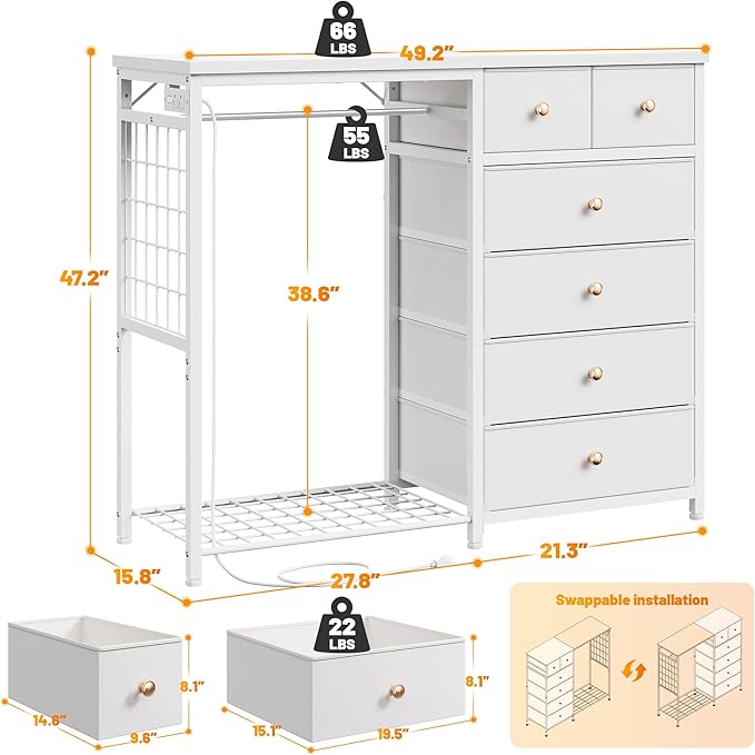 EnHomee 49.2" W Dresser with Hanging Rack & 6 Fabric Drawers for Bedroom, Featuring LED Lights and Charging Station, White Fabric Dressers & Chest of Drawers with Grid Panel & 4 Hooks, Wooden Top