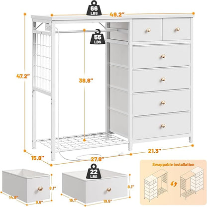 EnHomee 49.2" W Dresser with Hanging Rack & 6 Fabric Drawers for Bedroom, Featuring LED Lights and Charging Station, White Fabric Dressers & Chest of Drawers with Grid Panel & 4 Hooks, Wooden Top