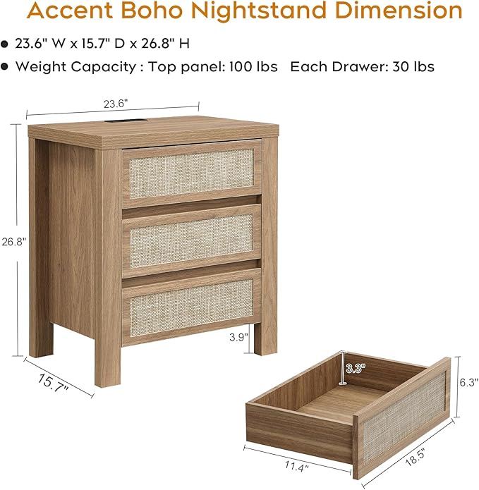 XIAO WEI Set of 2 3 Drawers Rattan Nightstand with Charging Station, Boho Bedside Table, Farmhouse End Table for Bedroom, Wood Accent Bed Side Table with Storage, Reclaimed Light Oak