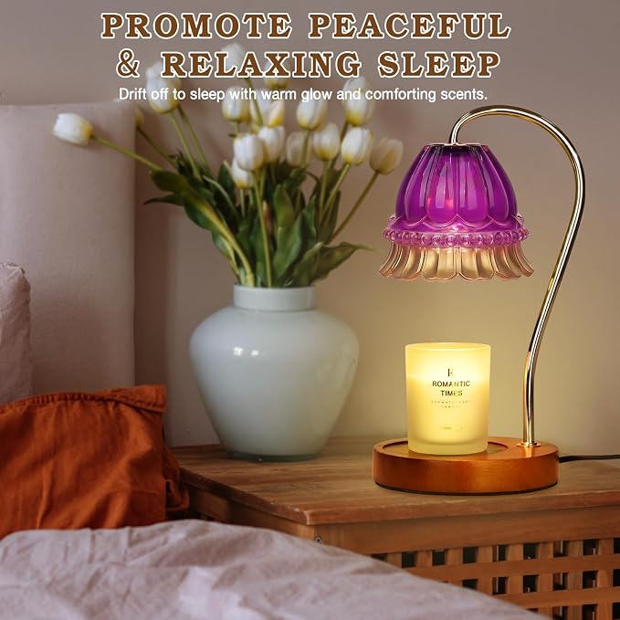 Funistree Flower Candle Warmer Lamp with Timer, Dimmable Candle Lamp Warmer, Christmas Birthday Gifts for Women Mom Her, Housewarming Home Decor, Lotus Wax Warmer for Yankee Candles - Purple Flower