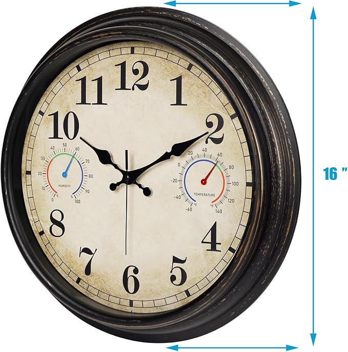 16 Inch Large Outdoor Clock with Thermometer and Hygrometer Combo, Waterproof Indoor Outdoor Wall Clocks for Patio, Pool,Garden Decor- Retro Bronze