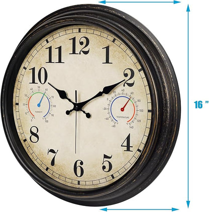 16 Inch Large Outdoor Clock with Thermometer and Hygrometer Combo, Waterproof Indoor Outdoor Wall Clocks for Patio, Pool,Garden Decor- Retro Bronze