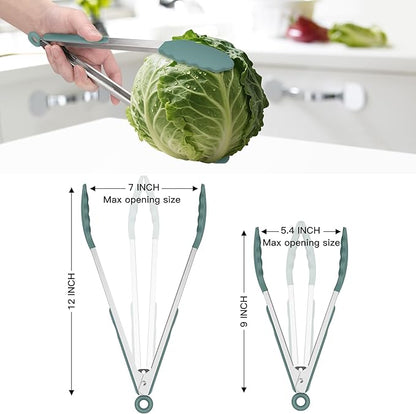 HOTEC Premium Stainless Steel Locking Kitchen Tongs with Silicon Tips, Set of 2-9" and 12", Sage Green