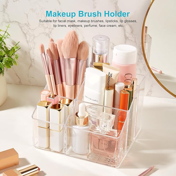 Acrylic Pencil Holder, 5-Slot Clear Pen Organizer for Desk, Cute Stationery Cup for Office, School, Home