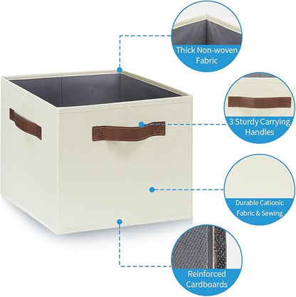 GhvyenntteS Large Fabric Storage Bins with 3 Handles, 15x11x9.6 Inch Storage Baskets for Shelves, Foldable Closet Storage Bins for Shelves, Closet Organizers and Storage Boxes, Beige