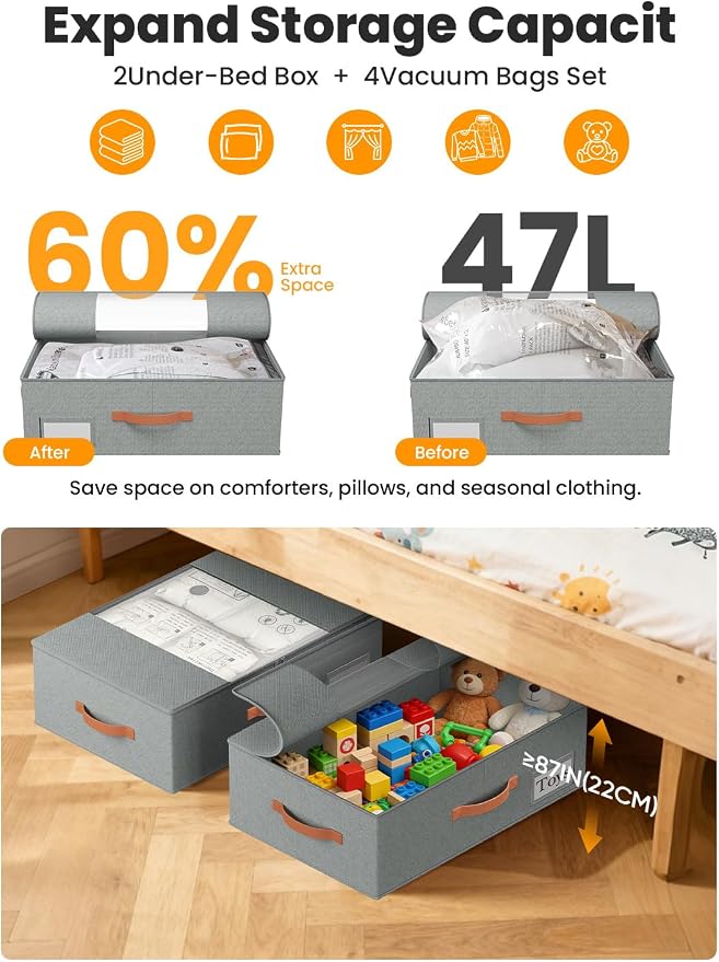 TOSKING 2-Pack Under Bed Storage Bins with Wheels, 4 Vacuum Bags, Heavy Duty 80 lbs, 7.9" Height, 47L Clear Lid Organizer, Space Saver for Dorm Bedroom Clothes Shoes Toys, Quick Assembly, Gray