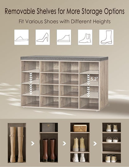 DINZI LVJ Shoe Storage Bench with Cushion, 16-Cubby Shoe Rack, Adjustable Shelves, Multifunctional Shoe Organizer Bench for Entryway, Mudroom, Hallway, Living Room, Bedroom and Garage, Greige
