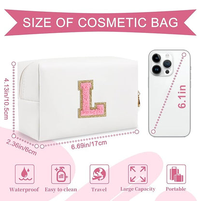 Personalized Makeup Bag Initial A-Z Preppy Patch Bag,Small PU Leather Travel Cosmetic Bag Pouch with Zipper,White Cute Toiletry Bag,Gift Ideal for Teen Girls Women Birthday Friend Mom,Letter L