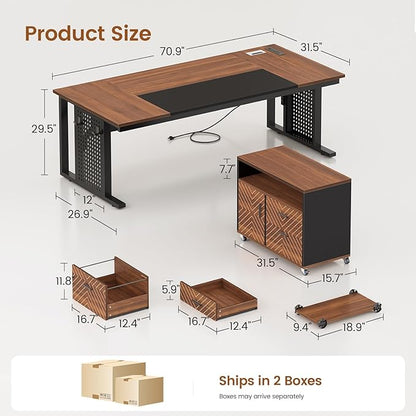 SEDETA 71" Executive Desk with Rolling File Cabinet, Large Office Desk with Drawers, L Shaped Computer Desk with Power Outlets, CPU Stand, Pegboard and Storage Shelves, Brown