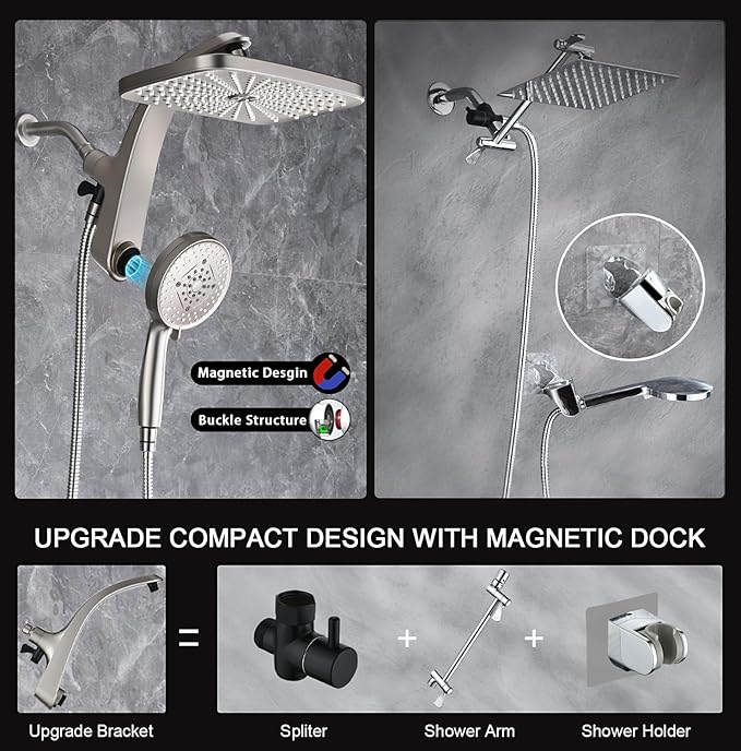 BOZYBO Rain Shower Head with Handheld: High Pressure Shower Heads with Handheld Spray Combo, 12" Rainfall Shower Head and 9 Sprays Hand Showerheads with Magnetic Docking and Power Jets, Nickel 1.75GPM