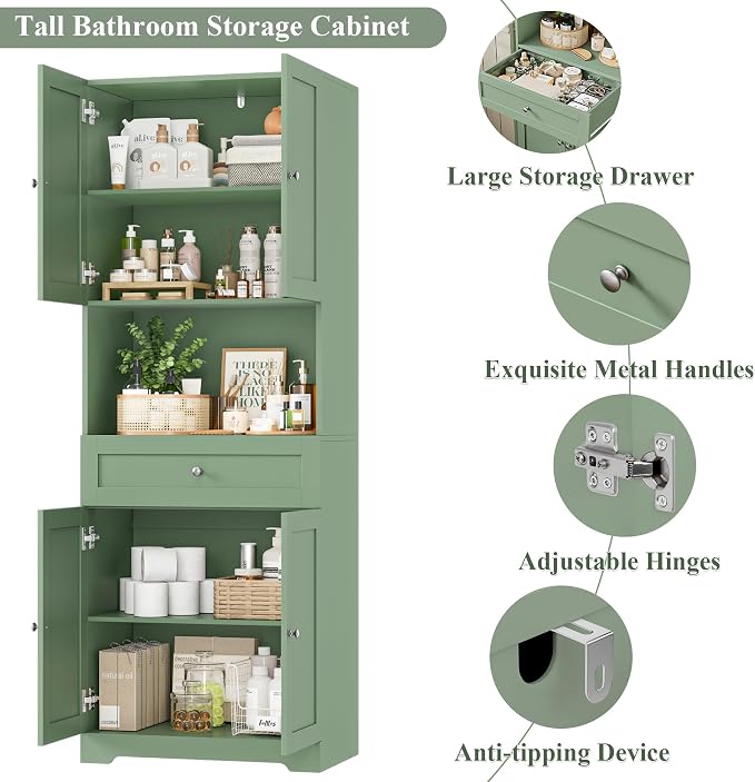 Tall Bathroom Storage Cabinets with Drawer, Modern Linen Cabinet with Doors & Shelves, 67"H Tall Storage Cabinet Freestanding for Bathroom, Dining Room, Kitchen & Pantry, Laundry, Narrow Corner, Green