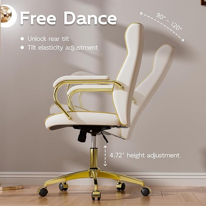 White and Gold Office Chair with Soft Leather Embroidery, Mid Back Vintage Swivel Executive Desk Chair with Wheels and Padded Arms, Adjustable Height