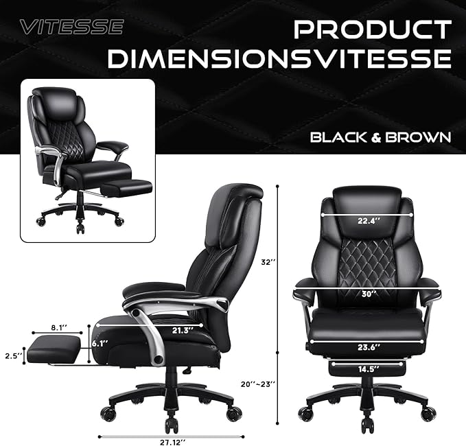 VITESSE Big and Tall Office Chair with Footrest and Lifting Headrest,Leather Chair for Heavy People,Executive Office Chair,Adjustable Lumber Support 600LBS