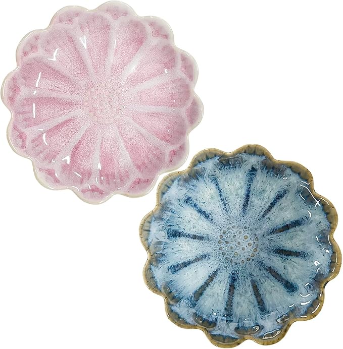 Lotus Ceramic Jewelry Tray, Small Trinket Jewelry Ring Holder Organizing Dish, for Parents Daughter Friends Sister, Birthday Gifts for Women, Retro Blue & Pink