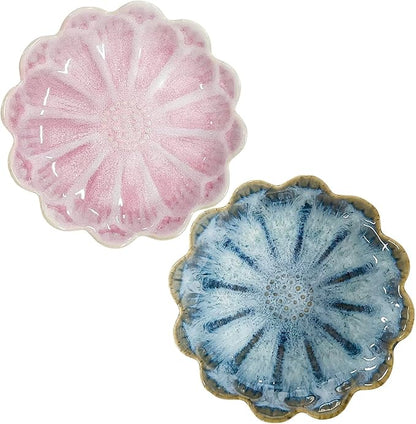 Lotus Ceramic Jewelry Tray, Small Trinket Jewelry Ring Holder Organizing Dish, for Parents Daughter Friends Sister, Birthday Gifts for Women, Retro Blue & Pink