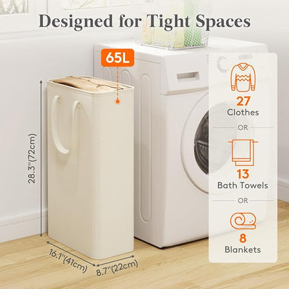 Lifewit Slim Laundry Hamper, Narrow Small Laundry Basket with Handle for Dirty Clothes, Collapsible Tall Thin Laundry Bin for Bathroom Bedroom Dorm College, 65L, White