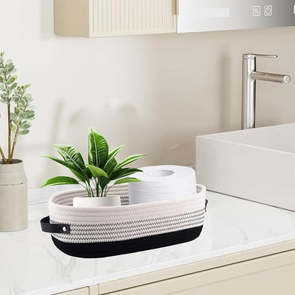 1 Pack Small Woven Storage Basket for Toilet Tank Top, Bathroom Countertop Organizer Basket Cotton Rope Toilet Paper Storage Toilet Paper Decorative Basket 13"x6"x4" (Black/White)