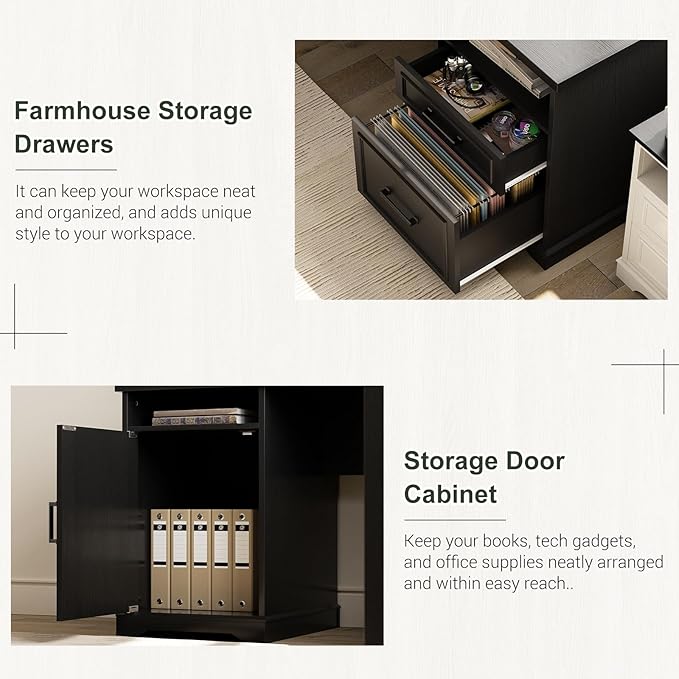 Unikito Farmhouse L Shaped Executive Desk with File Drawers, 60" Corner Computer Desk with Power Outlets, Large 2 Person Home Office Table with Storage Cabinet, Sturdy Writing Desk, Black