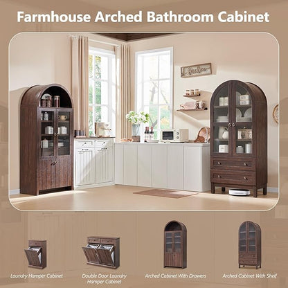71" Tall Arched Bathroom Storage Cabinet, 4-Tier cabinet w/2 Large Drawers &Adjustable Shelves, Wooden bathroom Floor cabinets w/Glass Doors, Modern Farmhouse Versatile Cabinets for bathroom, Brown