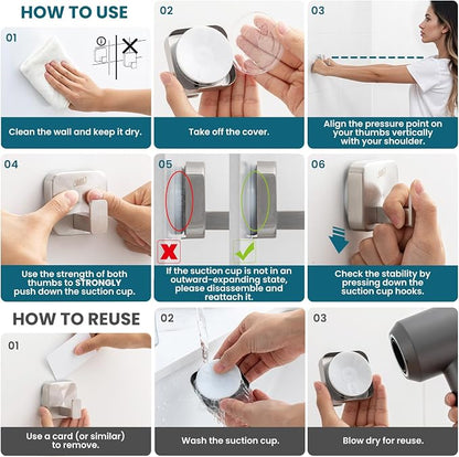 TAILI Thickened 304 Stainless Steel Bathroom Suction Hook for Towel, Loofah, Bathrobe, Patented Strong Suction Cup Holder, Damage-free Hanging Glass Shower Wall Hook, Hold Up to 11 Lbs, 2 Pack, Silver