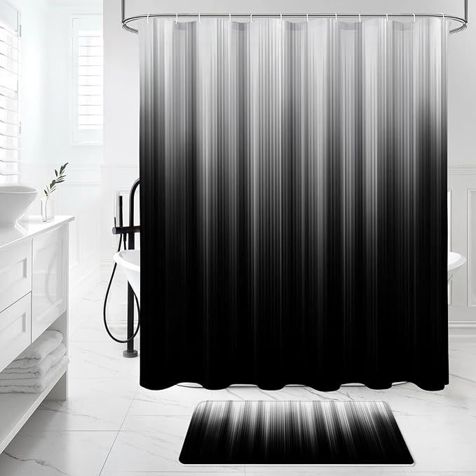 4 Pcs Grey and Black Gradient Shower Curtain Set with Rugs and Toilet Lid Cover, Modern Simple Waterproof Fabric Bathroom Set, Ombre Stripe Gothic Abstract Bathroom Decor Set Accessories