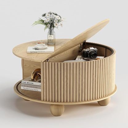 SULIVES Round Coffee Table with Storage, Unique Circle Coffee Table with Sliding Door,Fluted Accent Center Table with Bun Feet for Living Room, Oak
