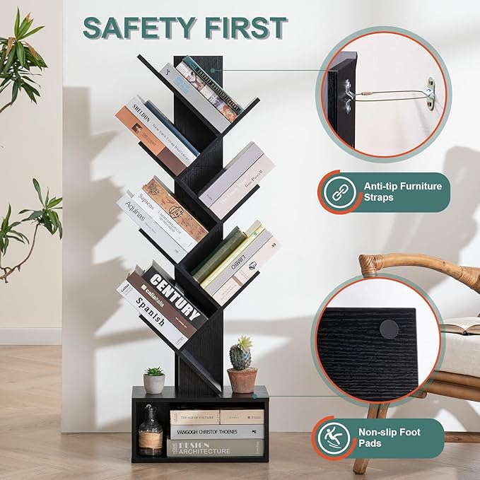 Yoobure Tree Bookshelf, 6 Tier Small Book Shelf Retro Floor Standing Bookcase, Wood Book Storage Organizer Rack, Tall Narrow Bookshelves for Corner/Bedroom/Living Room/Home Office, Black