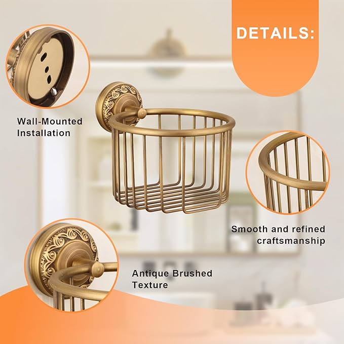 Vintage Wall-Mounted Toilet Paper Holder with Wire Basket Design, Antique Brass, Wall-Mounted Bath Hand Towel Holder with Braiding Carvings, Vintage Style.