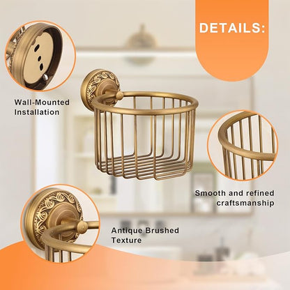Vintage Wall-Mounted Toilet Paper Holder with Wire Basket Design, Antique Brass, Wall-Mounted Bath Hand Towel Holder with Braiding Carvings, Vintage Style.